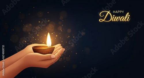 A person's hands holding a glowing Diya lamp against a dark, sparkling background. A festive greeting card for Diwali, the Hindu festival of lights.

