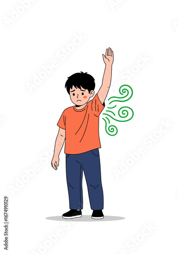 Young boy embarrassed by body odor, raising arm with visible sweat and smell lines
