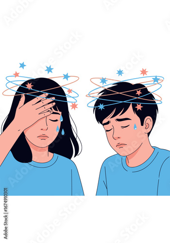 Struggling teens feel dizzy and overwhelmed with swirling stars around their heads, conveying stress and confusion.