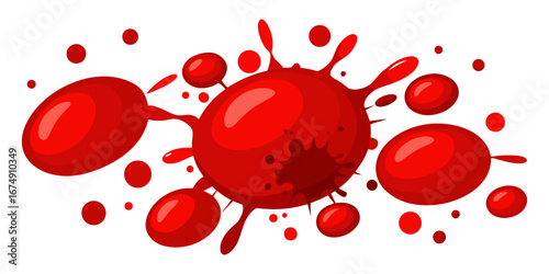 Vibrant illustration of a large red blood splatter or splash surrounded by smaller drops and blood cells. Ideal for medical, crime, or impact concepts.