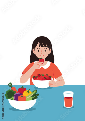 Happy girl enjoying fresh strawberries and healthy vegetables for a nutritious meal
