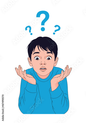 Confused boy with question marks above his head, shrugging shoulders in bewilderment
