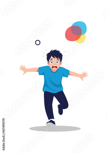 Young man in panic running from colorful abstract shapes, expressing fear and distress