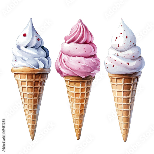watercolor vector of Ice Cream Pastel Cones, isolated on a white background.