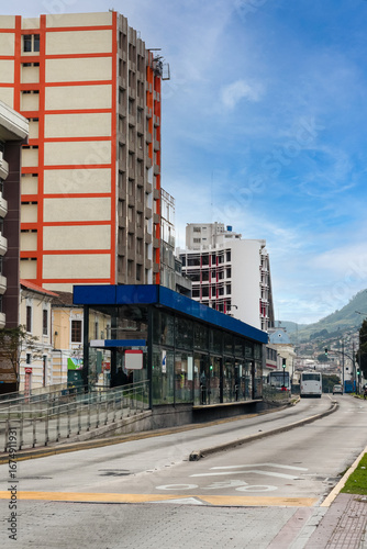 Bus terminal in Quito with blue details.