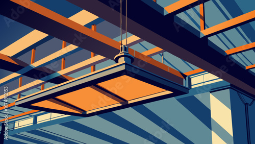 Dramatic illustration of a modern architectural interior with sunlight streaming through an overhead light fixture and ceiling beams, casting long blue and orange shadows.