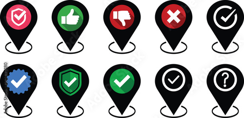Set of Location Markers with Confirmation and Feedback Icons.