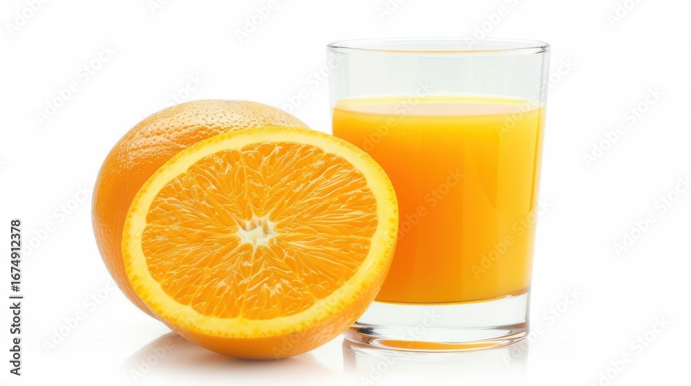 Bright Summer Beverage Close-Up: Fresh Orange Juice in Cup with White Background & Organic Oranges Bright Summer Beverage Close-Up: Fresh Orange Juice in Cup with White Background & Organic Oranges