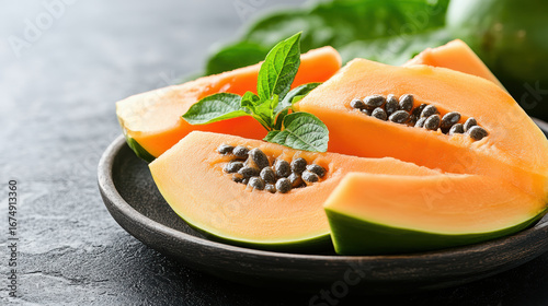 Fresh papaya slices with seeds arranged on dark plate, garnished with mint leaves