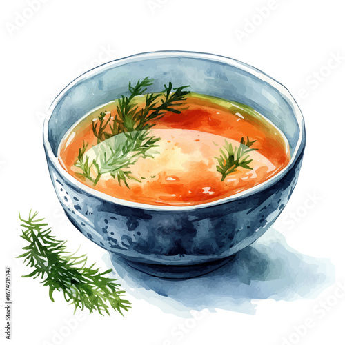 Hot Soup Bowl Winter, watercolor painting vector, isolated on a white background.