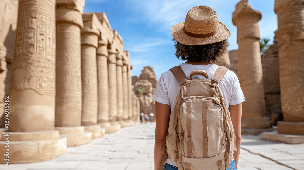 Fototapeta premium Exploring ancient ruins, traveler admires historical columns under blue sky