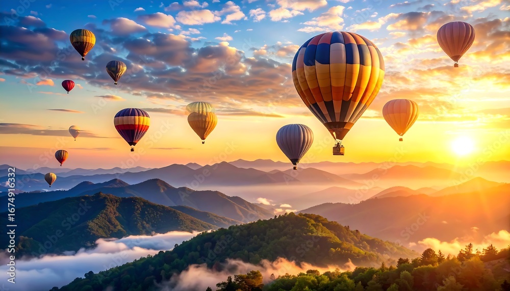 Naklejka premium Hot Air Balloons Soaring Above Majestic Mountains at Golden Sunrise