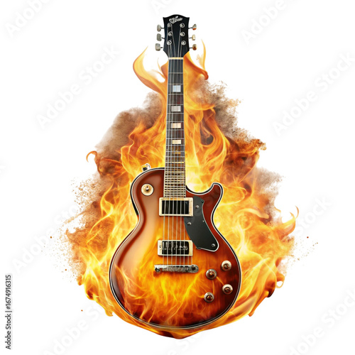 Electric guitar on fire with flames isolated on black background