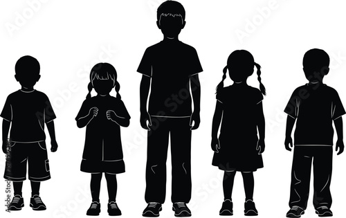 Silhouette of Children Standing Together in Line – Boys and Girls Kids Group Vector Illustration for Educational or Family Concept Design