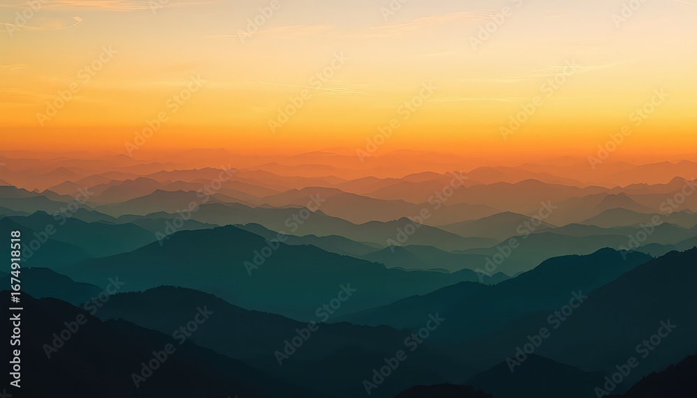 Fototapeta premium Layered Blue and Green Mountains in the Distance at Sunset Create a Beautiful and Serene Landscape