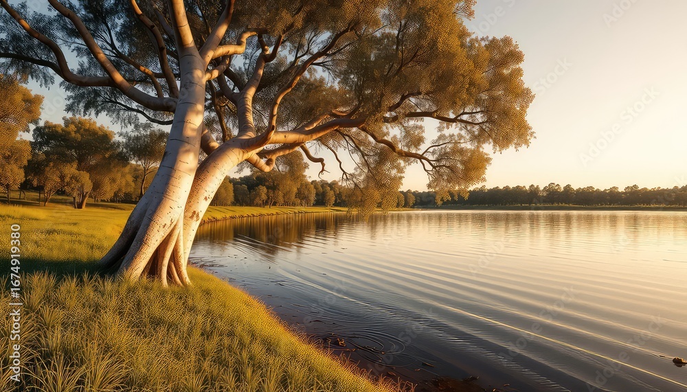 Tranquil lakeside scene featuring a mature tree with outstretched branches, reflecting golden sunlight on the calm water surface at dusk Tranquil lakeside scene featuring a mature tree with outstretched branches, reflecting golden sunlight on the calm water surface at dusk