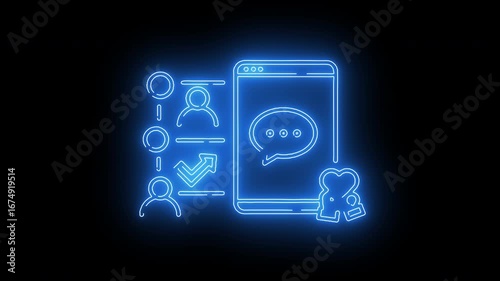 Wallpaper Mural Mobile application interface with chat icons, checklist, and futuristic glowing neon blue smartphone communication design Torontodigital.ca