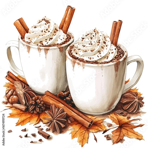 Hot Chocolate Autumn Warmth, watercolor clipart vector, isolated on a white background.