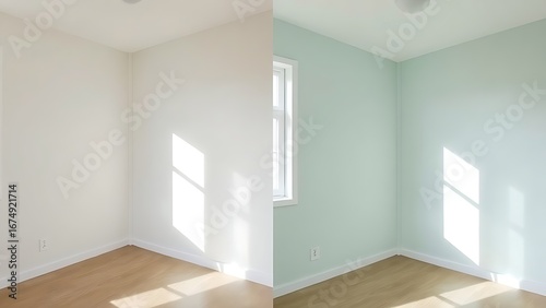 Simple room comparison showing plain walls versus freshly painted walls with natural light.