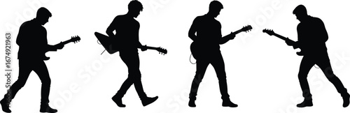 Silhouette of male guitar players performing rock music on stage, walking, playing electric guitar, concert pose vector illustration design