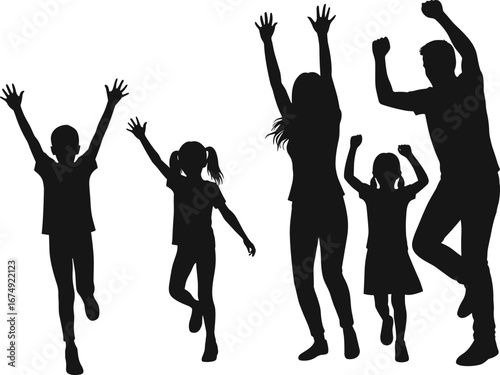 Silhouette of Happy Family Jumping Together with Raised Hands Celebrating Joyful Moments, Fun Activities, Love, Parenting, and Strong Family Bond Vector