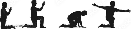 Silhouette of Man in Different Kneeling Poses Expressing Prayer, Meditation, Reflection, and Freedom in Spiritual and Emotional Vector Illustration