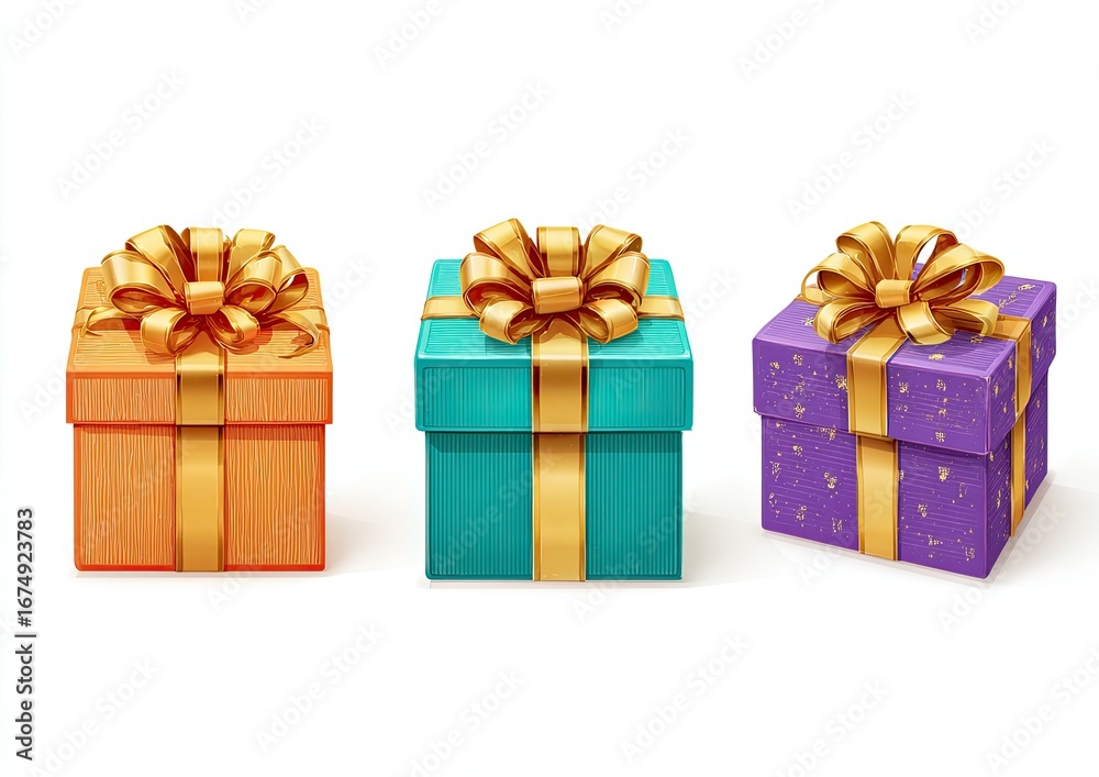 Fototapeta premium Three gift boxes, various colors, gold ribbon