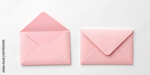 Two pastel pink envelopes, one open, one closed, on white,  correspondence,  card
