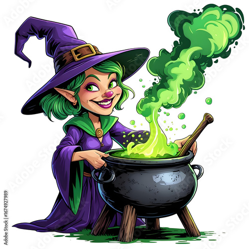 Smiling Cartoon Witch with Green Hair Stirring Glowing Potion in Cauldron