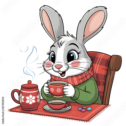 Cute Cartoon Bunny Drinking Hot Tea with Cozy Scarf and Winter Decor