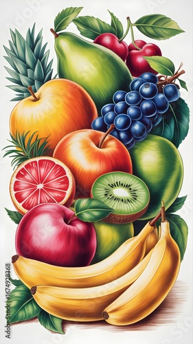 Colorful Assorted Tropical Fruits Illustration with Bananas Grapes and Citrus