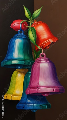 Vibrant Multicolored Bell-Shaped Ornaments Hanging from Leafy Plant Stem