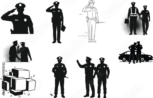Police officer silhouette vector illustration, salute pose, baton stance, teamwork scene, black and white graphic, law enforcement action, patrol duty, authority figure