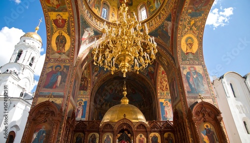 Ornate church interior with golden chandelier