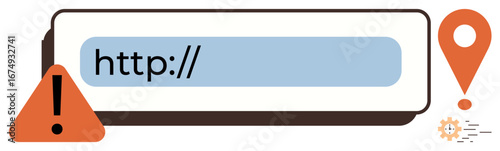 URL bar with blue input field, red warning triangle, caution marker, gear icon. Ideal for cybersecurity, internet safety, error notification, website access issues, precautions online alerts simple