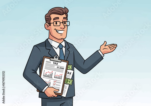 Professional businessman presenting tax information and financial analysis.