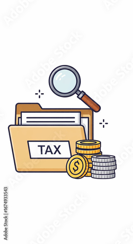 A magnifying glass examines a folder labeled "TAX" next to stacks of coins, symbolizing financial review and auditing.