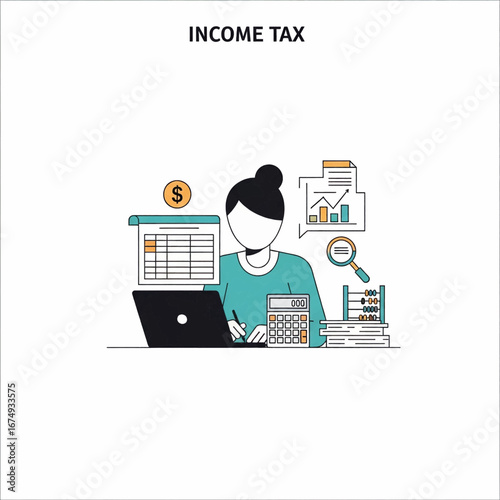 A woman working on income tax, calculating finances with laptop and calculator.