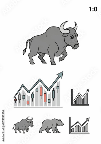 Illustration depicting a bull and bear market concept with rising charts, symbolizing financial growth and market trends.