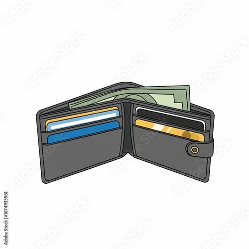 An open dark grey bifold wallet showing cash banknotes and various credit cards.