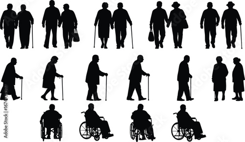 Silhouettes of Elderly Men and Women Walking and Sitting in Wheelchairs, Senior Care, Disability, and Aging Vector Illustration