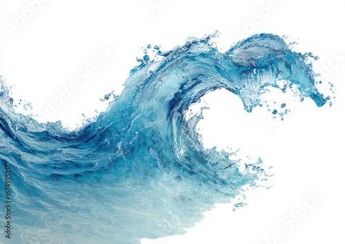 Fototapeta Naklejka Na Ścianę i Meble -  A dynamic ocean wave cresting, splashing, and cascading.  A vibrant blue wave with splashes of water, isolated against a pure white background