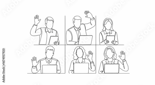 Team waving during video conference call, modern business meeting concept