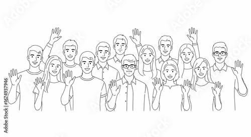 Group of diverse people waving hello, greeting, welcoming, smiling, and happy