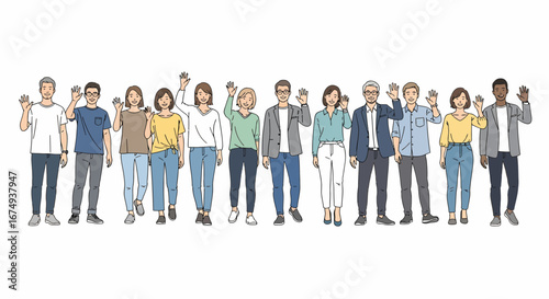 Diverse group waving hello or goodbye, fostering connection and teamwork dynamics