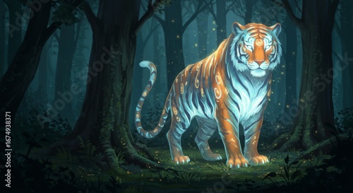 Ethereal tiger in a dark forest with glowing markings