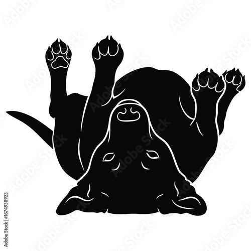 Graphic silhouette of a happy dog lying on its back in a playful pose, paws up in the air, isolated on a white background