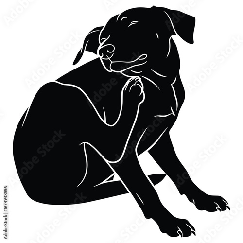 Dynamic black and white vector art depicting a dog vigorously scratching its ear or neck, highlighting common pet discomfort