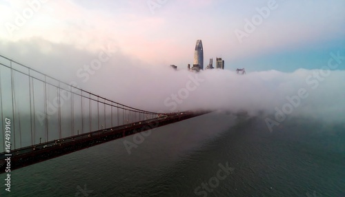 Golden Gate Bridge Partially Obscured By Fog Connecting To Cityscape View During Morning Twilight