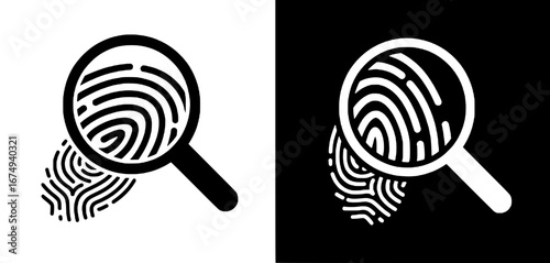 A magnifying glass examining a fingerprint, an icon representing forensic science, security verification, and biometric identification analysis